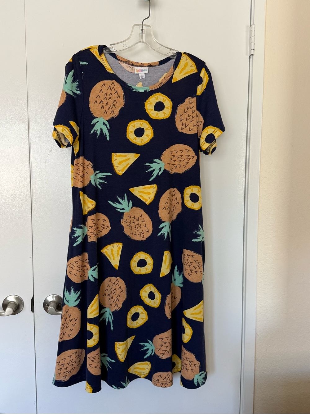LuLaRoe Navy Pineapple Print Jessica Midi Dress with Yellow and Tan Fruit Motif